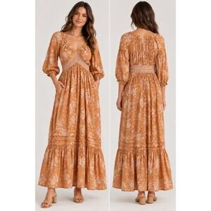 Free People Golden Hour Maxi Dress S Orange Floral Smocked Cotton